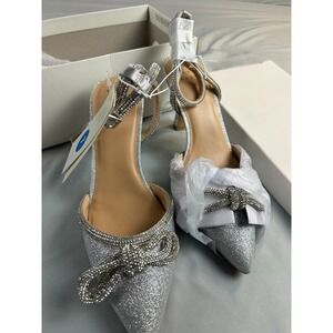 A New Day Carmin Women Heels Pointed US 7 Silver Rhinestone Bow Ankle Strap NWT
